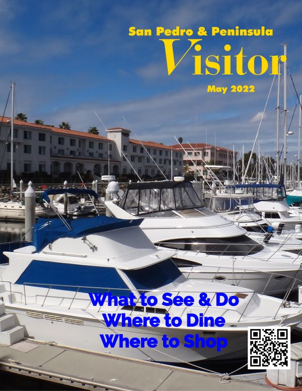 Image of San Pedro & Peninsula Visitor magazine cover May 2020 showing yachts in a harbor in front of a building