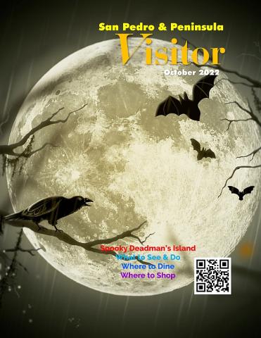 Image of cover of October 2022 issue of San Pedro & Peninsula Visitor magazine showing a big moon, bat, and other spooky things